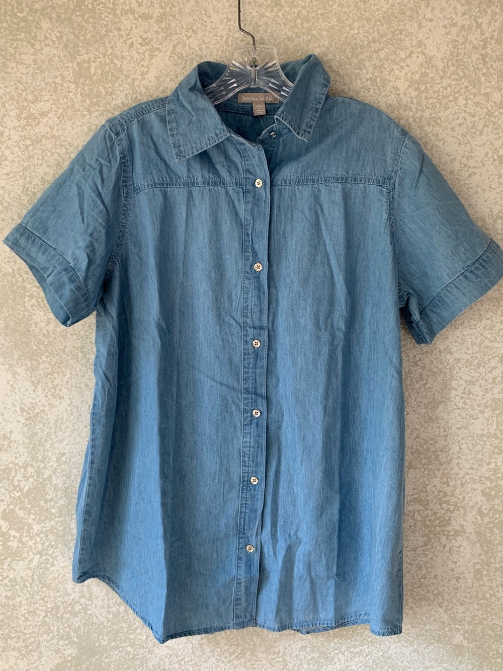 Woman Within Light Blue Short-Sleeve Denim Button-Up Shirt